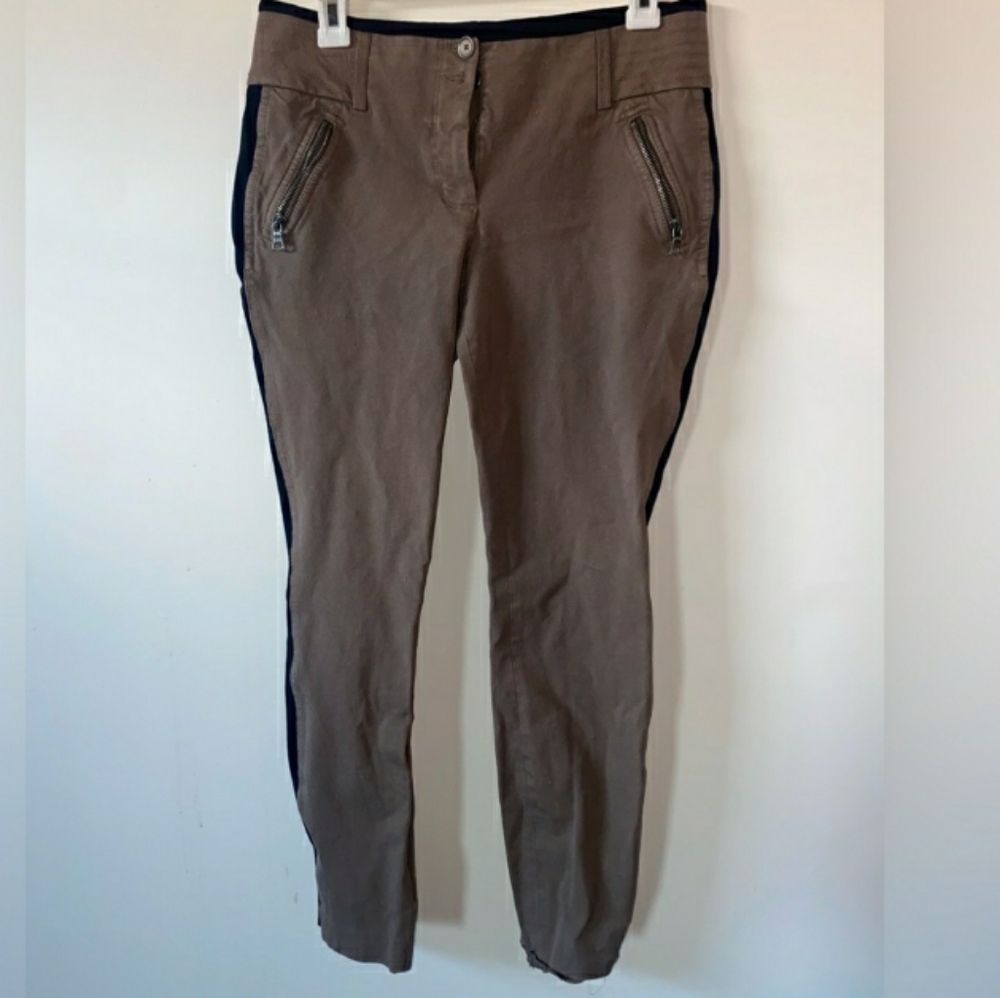 Express Taupe/Tan Straight Leg Tuxedo Side Stripe Riding Pants Zip Pockets 6